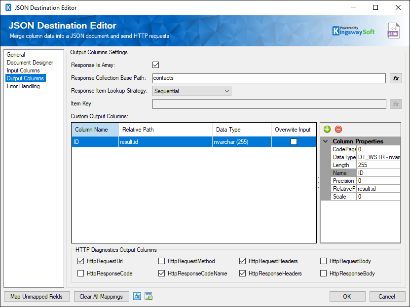 SSIS JSON Destination - Output Columns